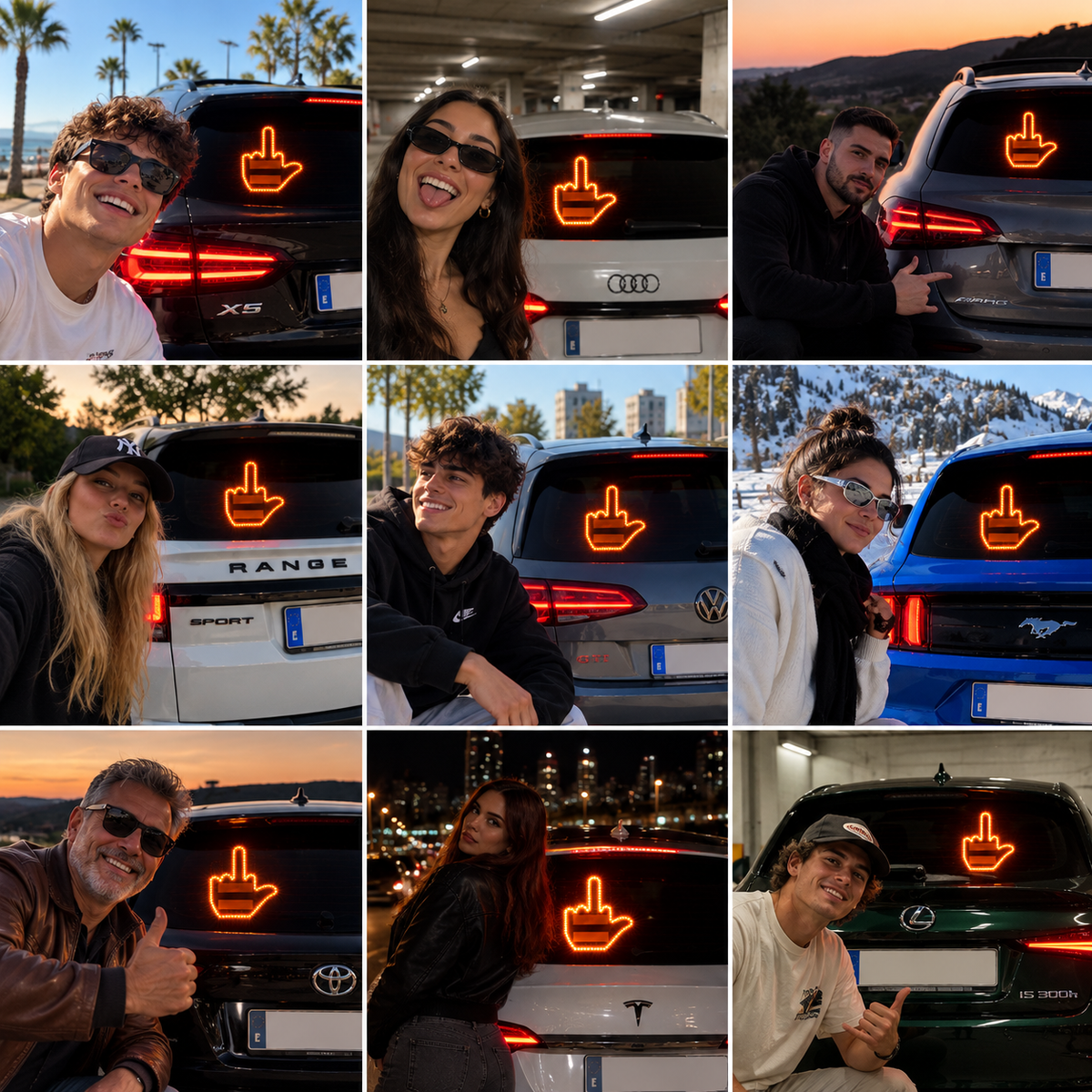 La mano LED en la luneta de distintos coches